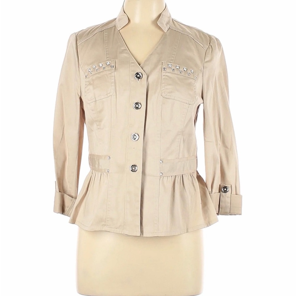 White House Black Market Tan Women's Jacket with Rhinestone Embellishment size 0